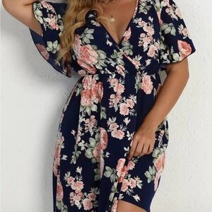 SHEIN Navy and Pink Floral Midi Dress
